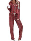 Ekouaer Pajamas Set for Womens 2 Piece Cotton Plaid Pjs Long Sleeve Sleepwear Soft Button Down Loungewear with Pockets