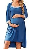 Ekouaer Women Lace Maternity Nursing Gown and 3/4 Sleeve Robe Set Double Layer Breastfeeding Nightgown Slip Dress & Bathrobe Dark Blue M