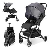 Rollingsurfer Lightweight Baby Stroller, Compact Travel Stroller with Retractable Foot Cover & Sleep Shade, One Hand Fold Stroller, Toddler Pushchair Adjustable Seat for Airplane 0-36 Months