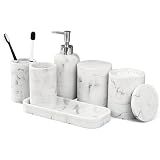 LIN CHUAN 6-Piece Bathroom Accessories Set, Organizer Set with Soap Dispenser, Toothbrush Holder Set, Vanity Tray, Tumbler & 2 Cotton Swab Jars – Modern Stylish Bathroom Storage(Marble White)