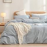 BESTOUCH Duvet Cover Set 100% Washed Cotton Linen Feel Super Soft Comfortable Chic Lightweight 3 PCs Home Bedding Set Cornflower Blue Queen