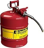 Justrite 5 Gallon Type II Red Safety Gas Can for Gasoline with Flame Arrester, Self-Closing Lid, and 5/8" Flexible Metal Spout, Made in the USA, Galvanized Steel Flammable Storage Can, 7250120