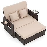 Tangkula Patio Rattan Daybed with 4-Level Adjustable Backrest, Outdoor PE Wicker Loveseat with Storage Ottoman & Folding Side Tray, Double Sunbed Lounger for Balcony, Backyard & Poolside