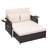 VINGLI Patio Daybed, Wicker Outdoor Daybed with Storage Ottoman & 5-Level Adjustable Backrest, All-Weather Rattan Cushioned Patio Loveseat Sofa for Garden Balcony Backyard (Beige, Brown)