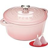Overmont Enameled Cast Iron Dutch Oven - 7QT Pot with Lid Cookbook & Cotton Potholders - Heavy-Duty Cookware for Braising, Stews, Roasting, Bread Baking pink