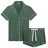 Cherrydew Women Bamboo Viscose Super Soft Comfy Breathable Cooling Short Sleeve Button Down Pajama Shorts Set(Olive,L)