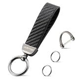JUSTTOP Leather Keychain, Carbon Fiber Car Key Chain with Anti-Lost D-Ring and 2 Key Ring, Keychain Wristlet, Car Accessories, Universal Keychain for Men and Women (Black)