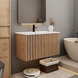 eclife 36" Floating Bathroom Vanity with Sink Combo, Modern Wall Mounted Cabinet with 2 Fluted Drawers, Undermount White Sink, Faucet, Drain, Mixed Natural