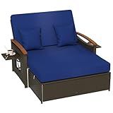 Tangkula Patio Rattan Daybed Set with Cushioned Loveseat and Storage Ottoman, Outdoor Double Chaise Lounger with 4-Level Adjustable Backrest and Retractable Side Trays for Backyard (Navy)