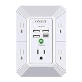 Wall Charger, Surge Protector, QINLIANF 5 Outlet Extender with 4 USB Charging Ports (4.8A Total) 3-Sided 1680J Power Strip Multi Plug Adapter Spaced for Home Travel Office (3U1C)