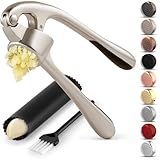 Zulay Kitchen Premium Garlic Press Set - Rust Proof Professional Garlic Mincer Tool - Easy-Squeeze, Easy-Clean with Soft, Ergonomic Handle - Silicone Garlic Peeler & Brush (Silver)