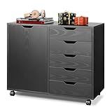 DEVAISE 5-Drawer Wood Dresser Chest with Door, Mobile Storage Cabinet, Printer Stand for Home Office, Black