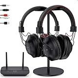 ROSIDA Dual Wireless Headphones for TV Watching with Transmitter, Headset Stand, TV Headphones for Seniors, 295FT Range with Optical, AUX, RCA,USB, High Volume Control, Long Playtime, No Delay, Black
