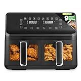Nutrichef Double Basket Air Fryer 8.8 QT | Family Size Oil Free Airfryer with Transparent Window | 9-1 Preset Cooking Options | 360° Hot Air Circulation Technology | 4.4 QTs per Basket | Black