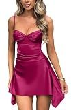 Memoriesea Women's Satin Sleeveless Spaghetti Strap Ruched Sexy Mini Club Party Dress Rose Red