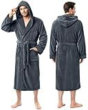 NY Threads Mens Robe with Hood, Luxury Plush Fleece Hooded Mens Bathrobe, Spa Bath Robe for Men, Large/X-Large, Grey