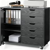 5-Drawer Wood Drawer Cabinet, Office Storage Cabinet with Adjustable Shelf & Wheels, Printer Stand for Home Office, Black, 15.7" D x 30.7" W x 25.4" H