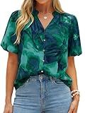 Simplee Womens Summer Floral Blouses Chiffon Boho Dressy Casual Work V Neck Puff Short Sleeve Loose Fashion Tops Shirt(Lake Blue,X-Large)