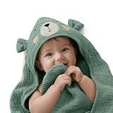 Blissful Diary Muslin Baby Hooded Towel, Soft and Absorbent Bath Towel for Newborn, Infant, Toddler, Unisex, 32″x32″ - Smart Bear