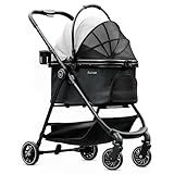 Pawccoli Pet Stroller for Small Dogs and Cats, One-Click Foldable Dog Stroller with Detachable Carrier & 3 Safety Tethers, Holds up to 33 lbs, Storage Basket & Cup Holder, Breathable Mesh, Black