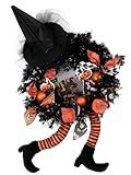wlflash Happy Halloween Wreath for Front Door Decoration with Skeleton Artificial Bone Orange Ornaments Maple Leaf for Party Decor (Halloween Orange)