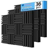 TroyStudio Thick Acoustic Foam Panels, 12 X 12 X 2 Inch 36 Pcs Broadband Sound Absorbing Foam, Dense Soundproof Padding Tile, Recording Studio Foam Absorber, Groove Decorative 3D Wall Ceiling Panel