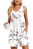 TAOHUADAO Womens Summer 2 Piece Pajama Sets, Sleeveless Pleated Tunic Tops with Comfy Shorts, Lounge Sleepwear Ladies Pjs Sets with Pockets XL, Floral White