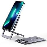 JSAUX Cell Phone Stand, Foldable Aluminum Adjustable Phone Holder for Desk Portable Travel Essentials Office Accessories for iPhone 17 16 15 14 13 Pro Max Samsung S25 S24 S23 Ultra Kindle-Gray