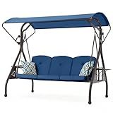 ZZW 800LBS Patio Swing with Canopy 3 Seat Outdoor Porch Swing with Stand w/Cup Holder & Pillow Glider Chair Swing Bed for Patio Backyard Poolside (Blue)