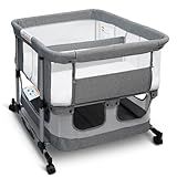 Cheermomo Twin Bassinet for 2 Babies, Double Bassinet for Twins, Rocking Bassinet with Wheels and Storage Basket, Full-Mesh Sides, 5-Height Adjustable, Portable and Stable Baby Crib (Standard Grey)
