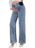 BLENCOT Pregnancy Jeans for Women Maternity Wide Leg Pants High Waisted Trendy Loose Casual Denim Outfits with Pockets Sail Blue XX-Large