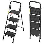 HBTower Step Ladder, 4 Step Ladder for Adults with Wide Anti-Slip Pedal, Step Stool Foldable with Cushioned Handle, 330 Capacity for Home and Kitchen, Black
