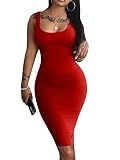 LAGSHIAN Women's Sexy Bodycon Sleeveless Basic Midi Tank Dress Red