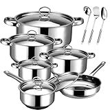 Hunnycook Stainless Steel Cookware Set - 15 Pieces Stainless Steel Pots and Pans Set, Includes 6 Pots and Pans, 6 Lids and 3 Utensils, Fixed Handles, Induction Safe and Dishwasher Safe