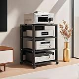 XEOKXOIT 4 Tier AV Media Stand, Audio Rack Tower Stereo Components Cabinet, Home Theatre CD Record Player Stereo Receiver Equipment Rack with Adjustable Wood Shelves, Load 220lbs (Black)