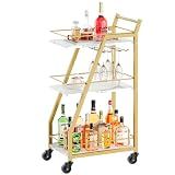 YATINEY Bar Cart, 3-Tier Home Bar Serving Cart with Wheels, Drink Cart with Glass Holder, Beverage Cart, Rolling Kitchen Cart, for Home, Living Room, Gold BC03DW