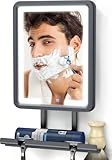 DeLanges LED Shower Mirror Fogless for Shaving - Heated Fog Free, 3 Dimmable Lights, 360° Adjustable, Rechargeable, Drill Free - with Storage Tray, Razor & Shaving Brush Holders,Gifts for Men, Black