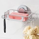 TAILI Soap Dish Holder with Hooks, Bar Soap Tray Saver Suction Cup with Razor Holder for Shower Wall, Rustproof Stainless Steel Bath Shampoo Caddy for Bathroom Accessories Organizer, Silver
