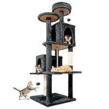 TSCOMON 58.5inch Large Cat Tree Tower Condo for Indoor Cats, Soft Plush Multi-Level Climbing Tree Cat House with 1 360° Rotating Cat Cave, Scratching Post, More Entrance/Exit, Sisal Rope, Grey Black