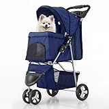 MoNiBloom 3 Wheels Pet Stroller, Foldable Dog Cat Cage Jogger Stroller with Weather Cover for All-Season, Storage Basket and Cup Holder, Breathable and Visible Mesh for Small/Medium Pets, Blue