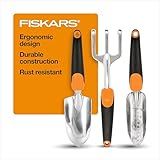 Fiskars 3-in-1 Garden Tool Set, Polished Cast-Aluminum Heads for Rust Resistance, Heavy-Duty Trowel, Transplanter & Cultivator for Digging and Planting, Non-Slip SoftGrip Handles Reduce Fatigue