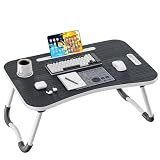 Frpufi Folding Lap Desk, 23.6 Inch Wood Laptop Bed Desk with Cup Holder, Portable Bed Table for Working Writing Reading & Eating for Bed, Sofa, Couch, Floor - Black