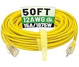 POWGRN 50 ft 12/3 Outdoor Extension Cord Waterproof Heavy Duty with Lighted Indicator End 12 Gauge 3 Prong, Flexible Cold-Resistant Long Power Cord Outside, 15Amp 1875W SJTW Yellow ETL Listed