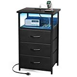 Fixwal Night Stand with Charging Station, LED Nightstand with U-S-B Ports and Outlets, 3 Fabric Storage Drawers with PU Finish, Bedside Table, Black