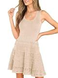 Fisoew Womens Summer Mini Dresses Casual Crewneck Knitted Crochet Hem Flowy Tank Sundress Khaki