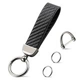 JUSTTOP Leather Keychain, Carbon Fiber Car Key Chain with Anti-Lost D-Ring and 2 Key Ring, Keychain Wristlet, Car Accessories, Universal Keychain for Men and Women (Black)