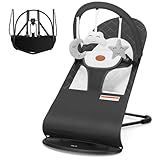 HKAI Baby Bouncer, Portable Baby Bouncer Seat for Babies 0-18 Months, 100% Cotton Fabrics, 3 Modes of use with Rocker and Stationary Options, Infant Rocker Chair with Hanging Toys-Dark Grey