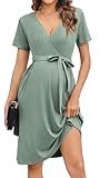 Ekouaer Women Short Sleeve Solid Pregnancy Dresss V Neck Ribbed Maternity Dress Postpartum Lightweight Dresses with Belt Ice Green M