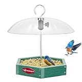 Kingsyard Large Platform Bird Feeder Outdoor Hanging, Adjustable Dome Squirrel Proof Rain Cover, Metal Mesh Tray Recycled Plastic Wild Bird Seed Feeding Station, Green