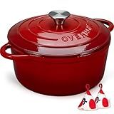 Overmont Enameled Cast Iron Dutch Oven - 5.5QT Pot with Lid Cookbook & Cotton Potholders - Heavy-Duty Cookware for Braising, Stews, Roasting, Bread Baking red